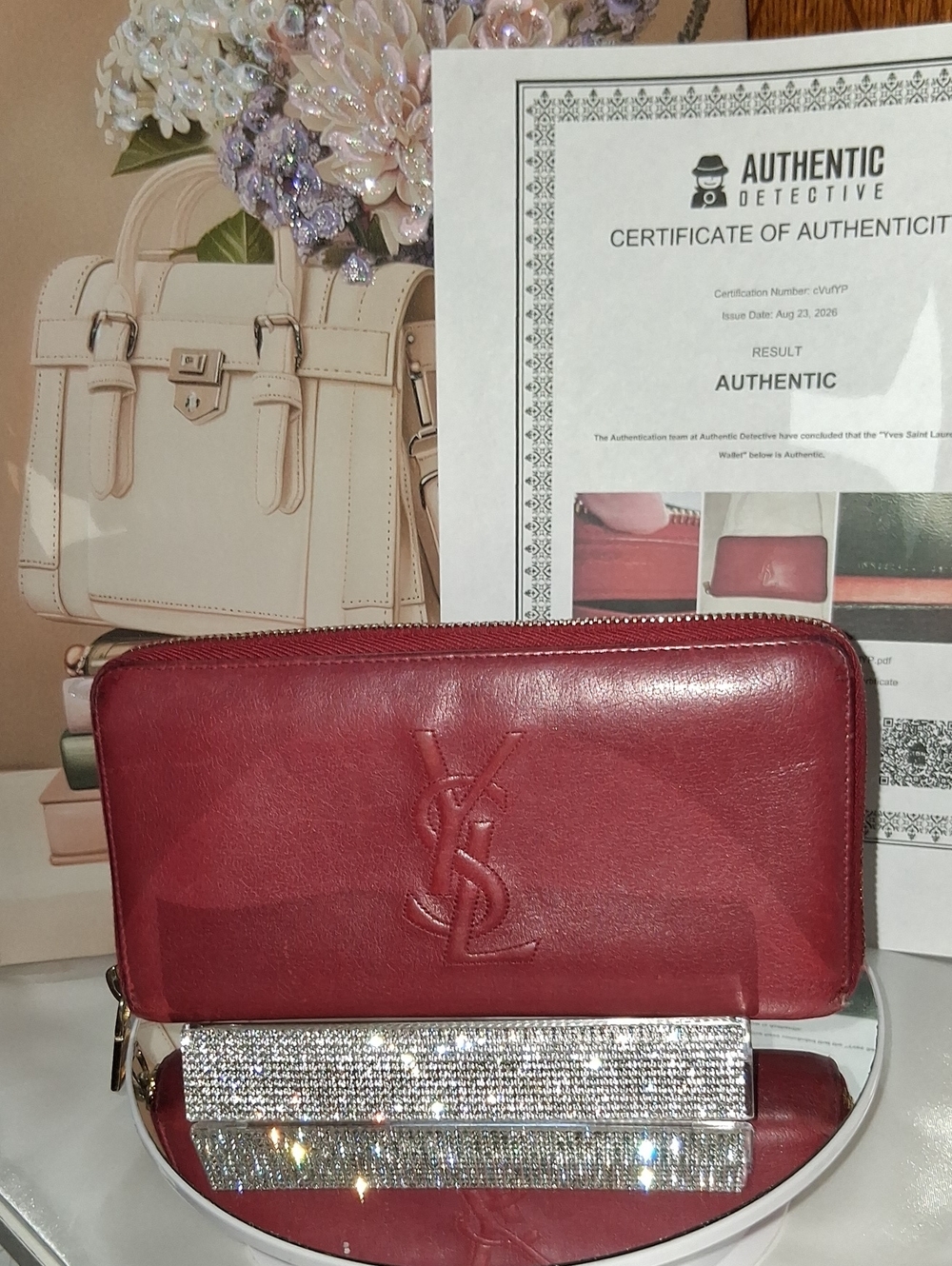 Yves Saint Laurent Burgundy Leather Zip-Around Wallet Pre-loved W/COA
